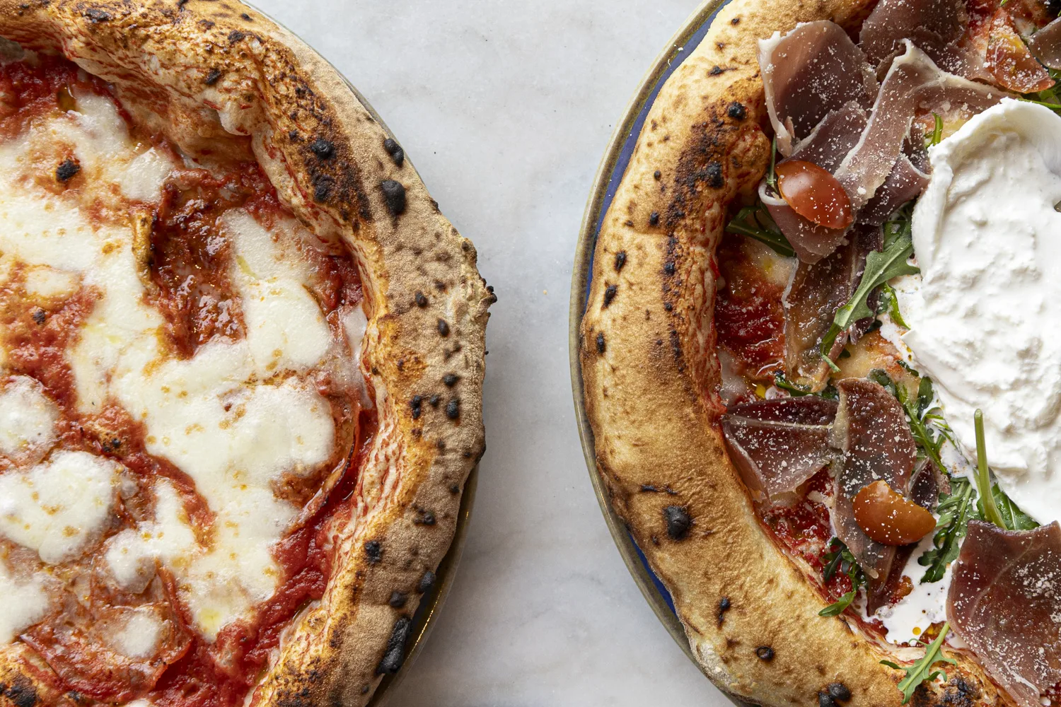 Pizza Margherita au four à bois, cornichone tacheté, mozzarella et basilic